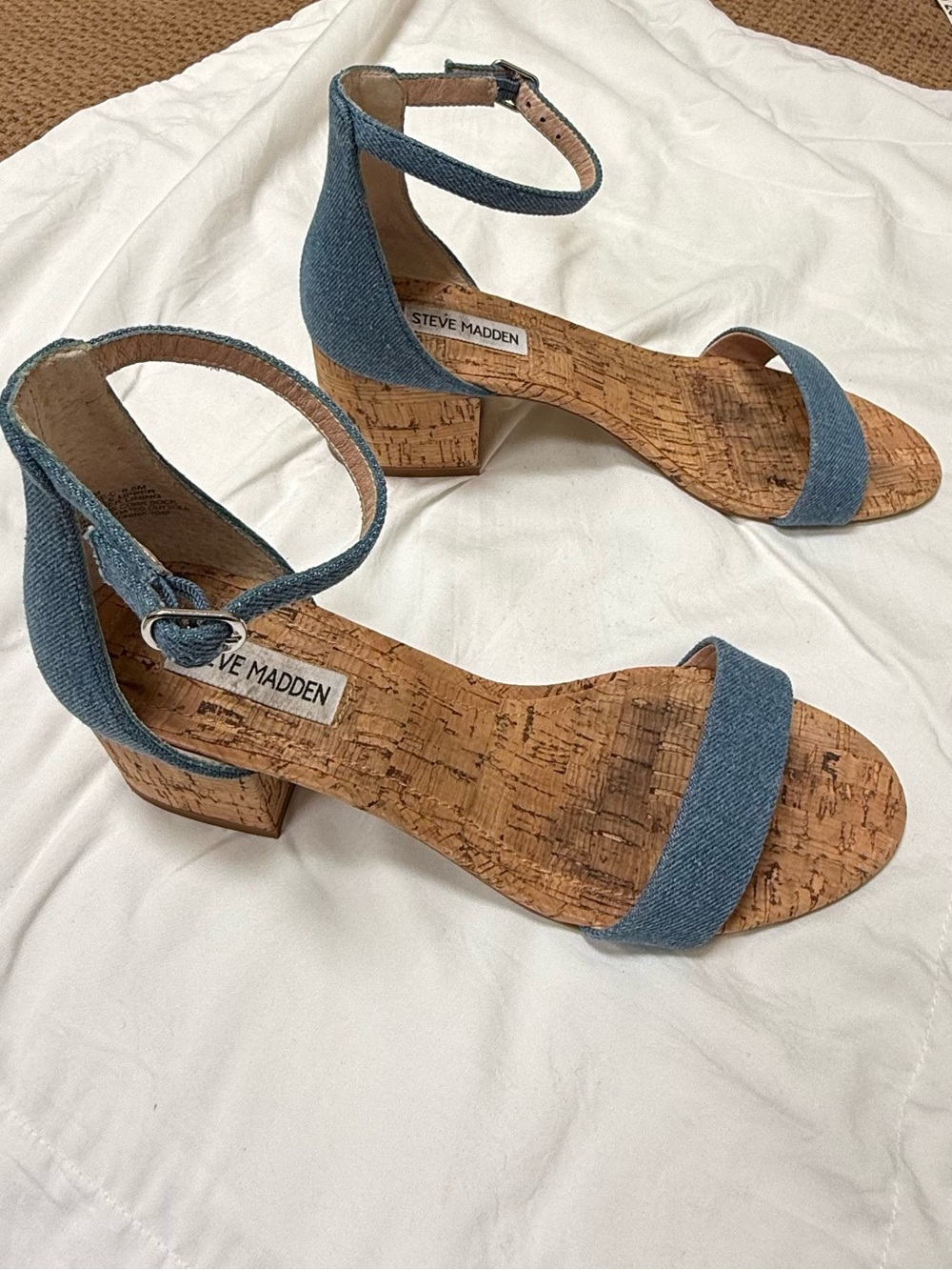 Steve Madden Denim Ankle Strap Cork Block Heel Sandals Sz 8